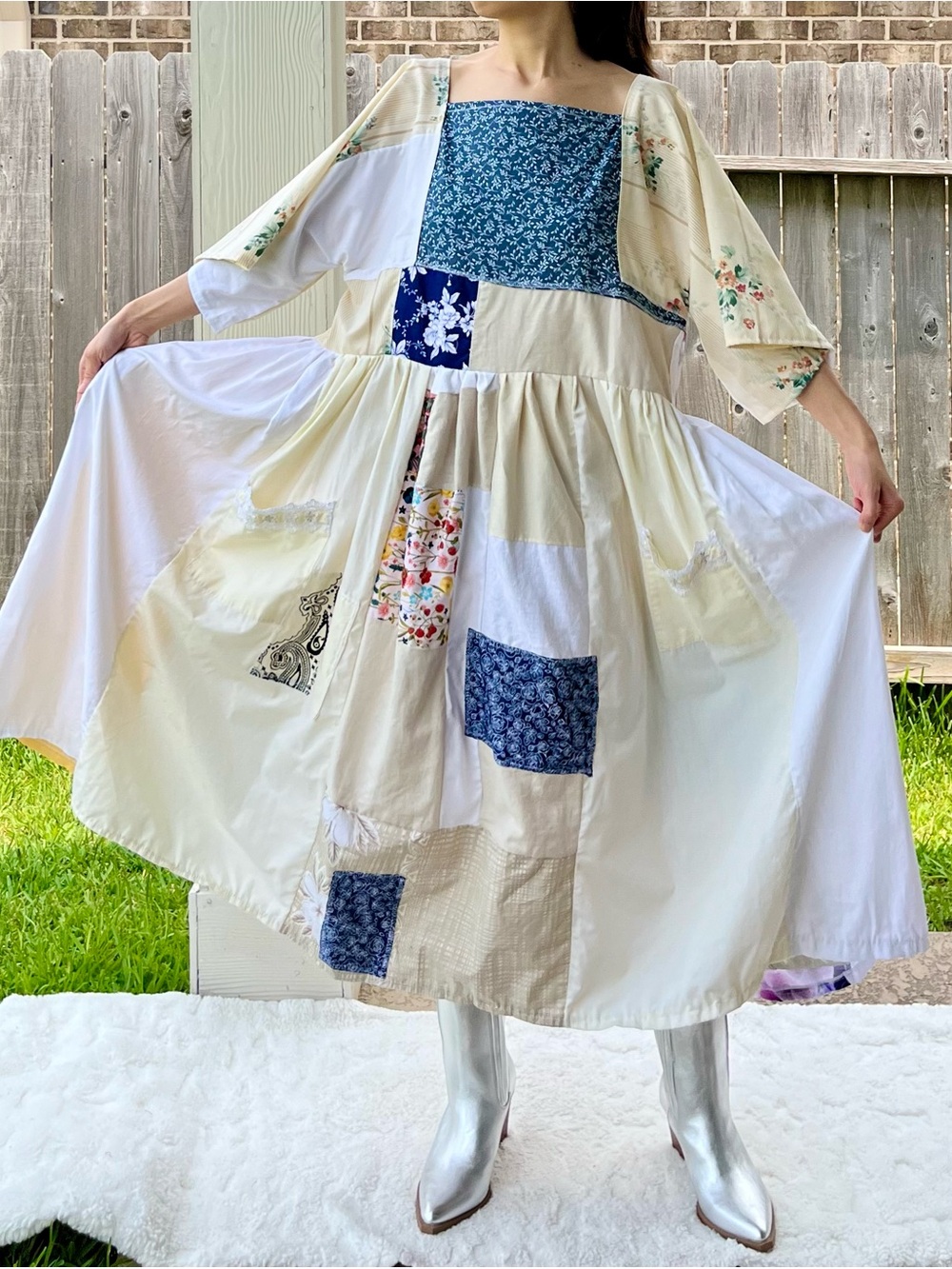 Earth-Toned | Handmade Quilted Patchwork Dress SKU 05216 One Size Fits All - Picture 5 of 11